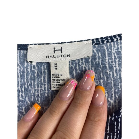 Halston Womens Navy White Textured Print Midi Dress Tie Waist Cap Sleeves Medium - Picture 7 of 9